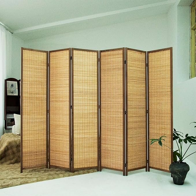 Loomveil 6 Panel Room Divider Folding Privacy Screen,67 inch Bamboo Panel Divider for Home Partition,Brown