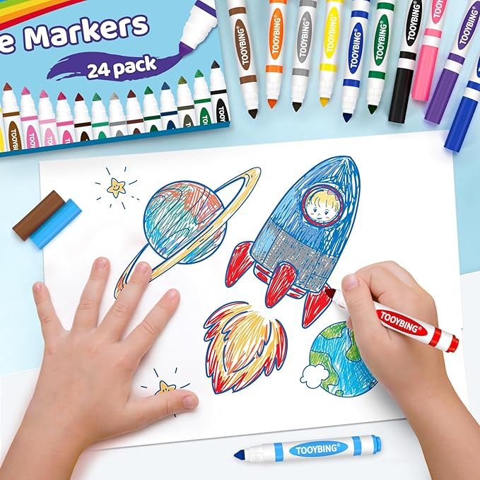TooyBing 24 Color Washable Markers, Colored Washable Markers for Kids, Broad Tip Durable for Coloring Book, Back to Classroom Art School Supplies for Students Teachers Children