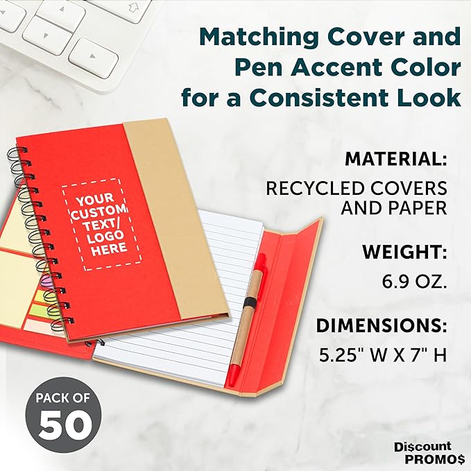 DISCOUNT PROMOS Custom Eco Friendly Spiral Notebooks with Pens Set of 50, Personalized Bulk Pack - Perfect for School, Office, Home - Red