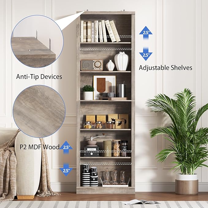 BORNOON 75" Tall Bookshelf, 6-Tier Floor Standing Bookcase with Adjustable Shelves, 24" Wide Open Storage Shelf, Modern Display Organizer for Home Office, Living Room, Bedroom, Study