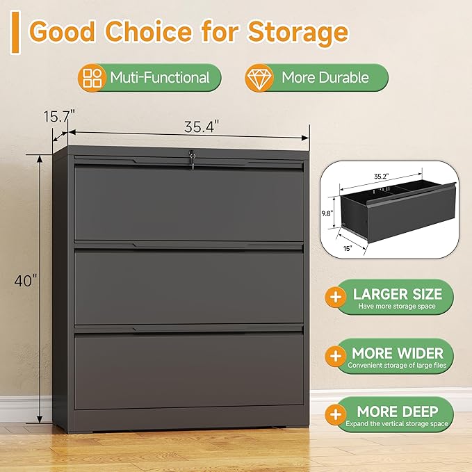 LONGLINK 3 Drawer Lateral File Cabinets with Lock,Metal Filing Cabinet for Home Office,Wide Office Storage Cabinet with Hanging Bars for A4 Legal/Letter Size(Easy Assembly)