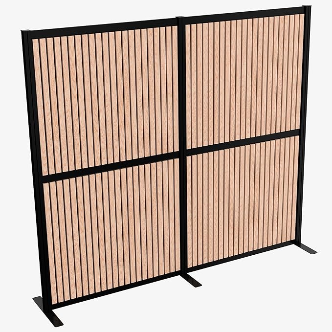 VIVO Modular Wall System, 2 PET Panels, Modern Professional Office Cubicle Dividers, Freestanding Privacy-Screen, 66 inches High, Wood Slat, Black Frame, PP-MWS63BWD