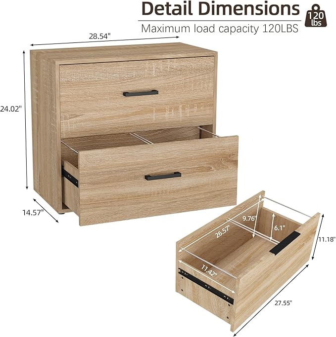 FATIGOS 2 Drawer Lateral File Cabinets, Wooden File Cabinets for Home Office, Large Office Filing Cabinet with Drawer, Printer Stand for Hanging Files/Letter/Legal Size, Oak