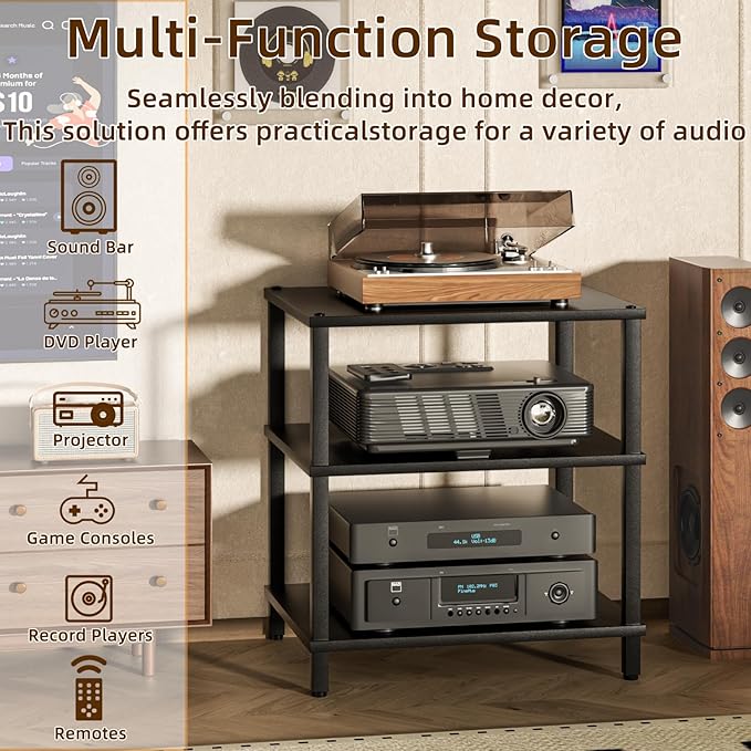 LELELINKY 3-Tier AV Media Player Stand Set of 2, Black Stereo Cabinet, Wooden TV Stand,Game Console Shelf, Multifunctional Entertainment Center, Suitable for Home, Conference Room, Game Studio
