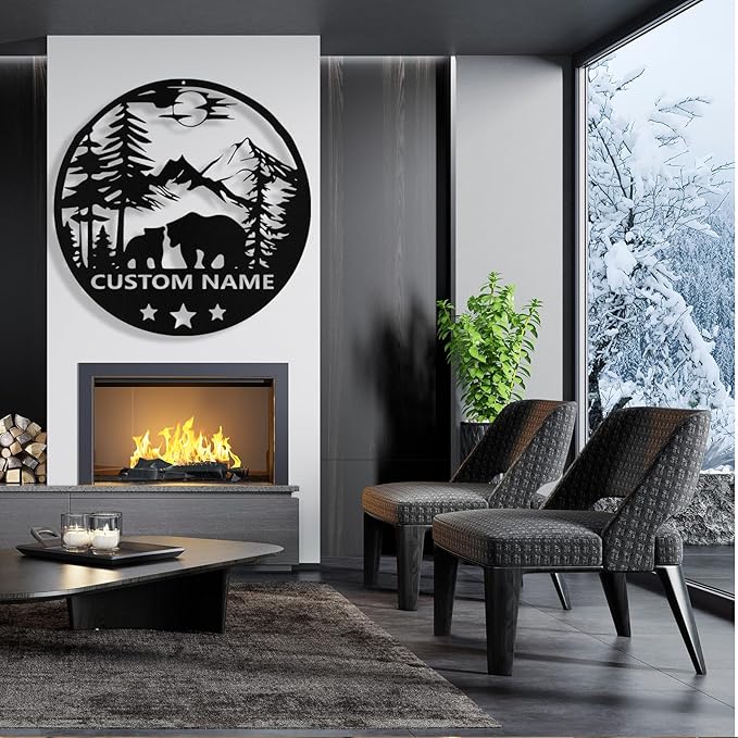 Custom Bear Metal Sign, Custom Bear Metal Wall Art Decor, Personalized Last Name Signs for Home, Rustic Farmhouse Black Wall Decor for Cabin, Bedroom, Living Room, Porch