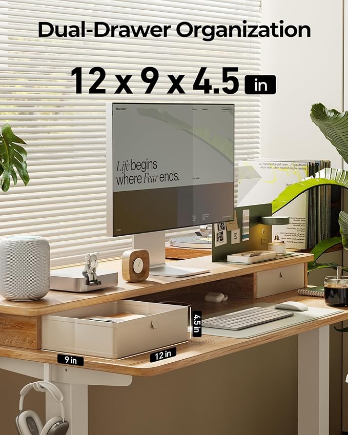 FEZIBO 40 x 24 Inch Height Adjustable Electric Standing Desk with Double Drawer, Stand up Home Office Computer Desk with 4 Height-Adjustable Feets & 2 Hooks, Maple