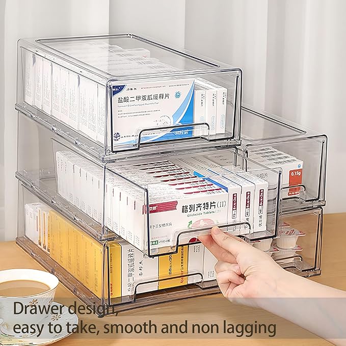 Sgoostood 6 Pack Stackable Organizer Drawers, Clear Desk Storage Box,Transparent Drawer in Home, Office and Kitchen Pull Out Organizer Bins for Make Up, Jewelry, Pen, Desktop Stationary (6L drawer)