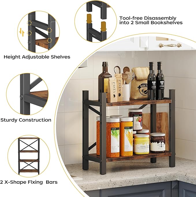Desktop Bookshelf, 4-Tier Stackable Narrow Bookcase, Adjustable Industrial Desk Organizer & Hutch - Rustic Brown Wood Desktop Book Organizer for Living Room, Bedroom & Home Office