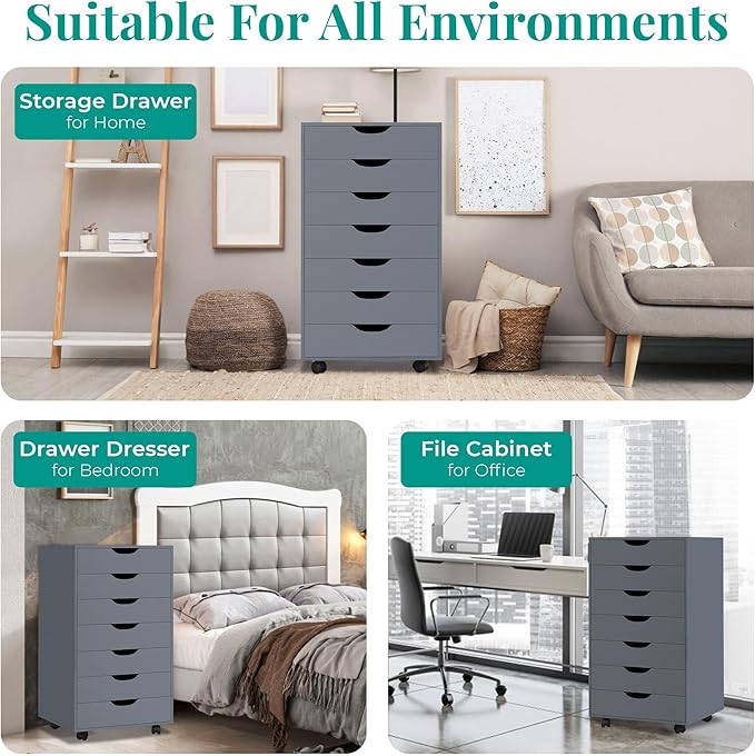 Naomi Home 7-Drawer Grey Dresser with Lockable Casters, Smooth Gliders, and Spacious Top - Sleek Storage for Bedroom or Office