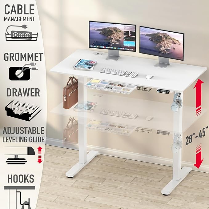 SHW 55 x 28 Inches Electric Height Adjustable Standing Desk with Drawer and Memory Preset, White