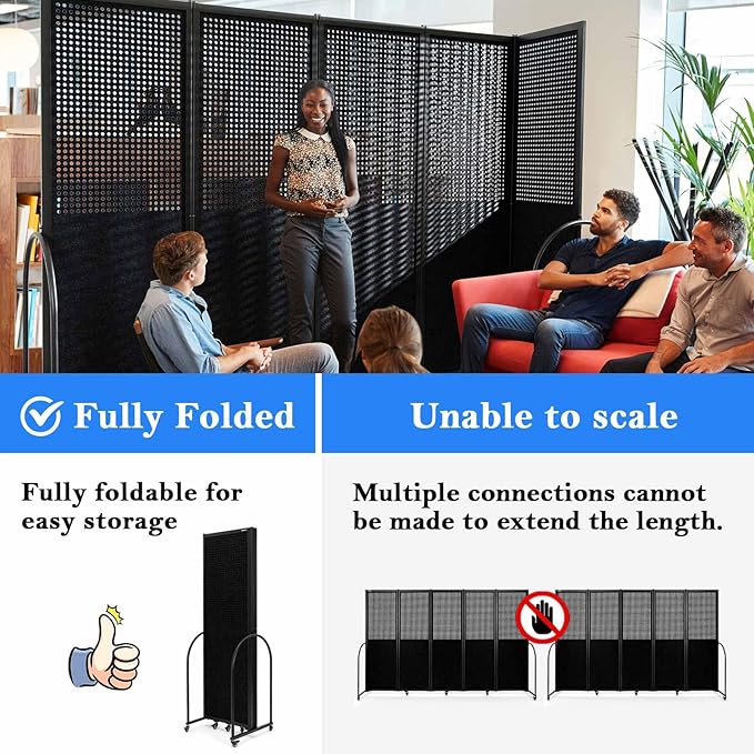 Folding Room Partition,Freestanding Privacy Divider,Portable Office Divider Wall,Commercial Space Partition Screen,Perforated Felt Panel Design,10'6"W x 6'7"H,5 Panel,Black