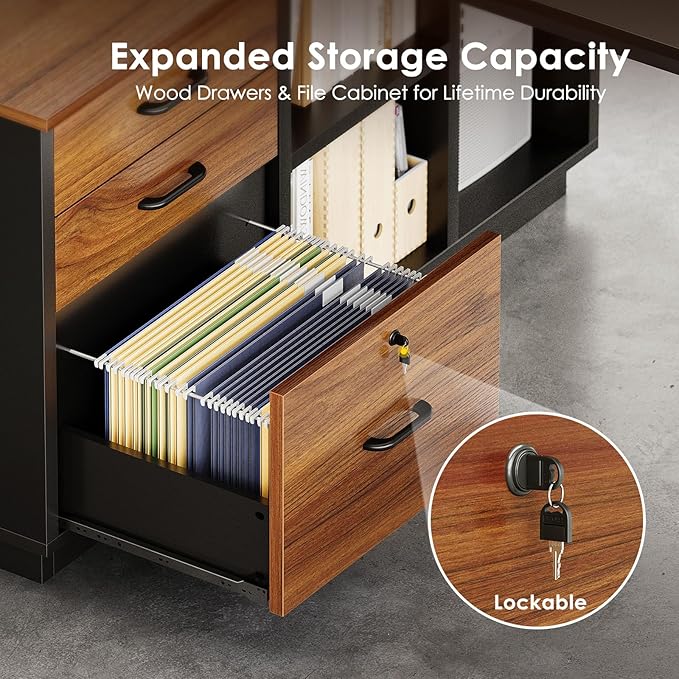 AODK 71 Inch Executive Desk, L Shaped Desk with Drawers and File Cabinet, Large Office Desk with Storage Shelves, Corner Computer Desk for Home Office, Walnut + Black