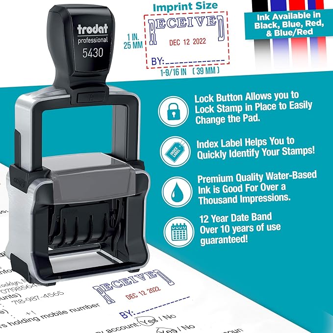 Trodat 5430 Professional Self-Inking Date Stamp with Scanned - Blue Ink