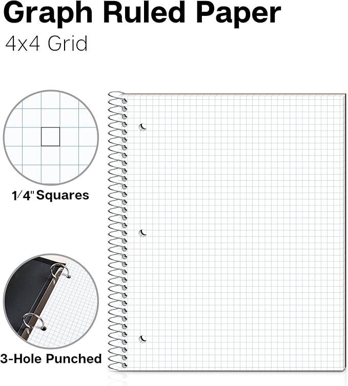 Dunwell Graph Paper Notebook 8.5 x 11 (3-Pack Red Blue Black) Plastic Cover, 100 Sheets (200 Pages), Perforated 3-Hole Punched, 4x4 Squares, Spiral Notebook, 1/4" Grid, Divider with Pockets