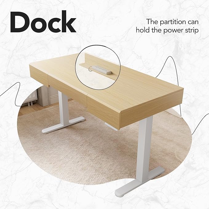 HUANUO 48 Inch Standing Desk with Drawers, Electric Adjustable Height Stand Up Desk with Storage, Whole-Piece Board Computer Workstation for Home Office, Light Walnut