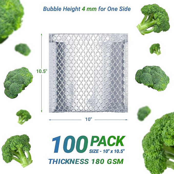 Amiff Silver Thermal Bubble Mailer, 10 x 10.5 Inches. 100 Pack Metallic Bubble Mailers. Self-Seal Insulated Mailers for Cold Shipping. Padded Envelopes Waterproof. Thermal Bag for Food, Cosmetics