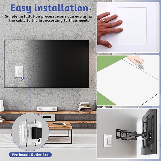 in Wall Cable Management Kit with Brush Wall Plate, AC Outlets & USB Ports, Recessed Outlet Box, for Walls Mount TV with Cable Management Box, in Walls TV Connection Kit for Home Theater Systems