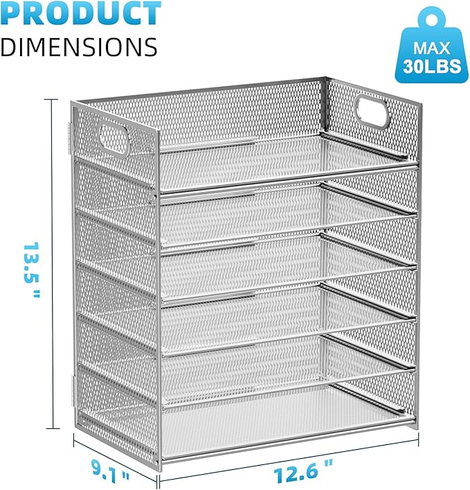 Marbrasse 2 Pack Desk Organizer with Handle, 6 Tier Paper Letter Tray, Mesh Desk File Organizer for Office, School and Home - Silver