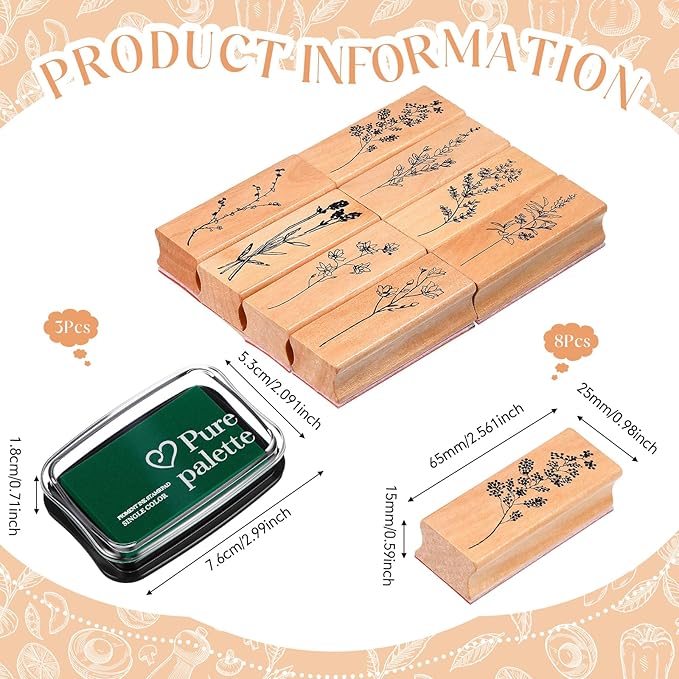 Tenare 8 Pieces Vintage Rubber Stamps Decorative with 3 Colors Ink Pad Wooden Plant Flower Stamps Set for DIY Craft, Scrapbook, Letters Diary and Card Making