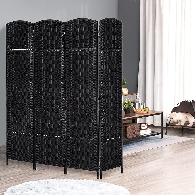 HOMCOM Room Divider, 4 Panel Folding Privacy Screen, 6FT Tall Portable Wicker Weave Partition Wall Divider for Bedroom, Home Office, Black