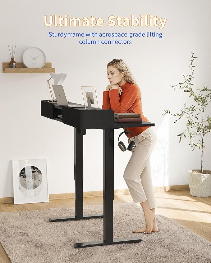 YIHAYO Electric Standing Desk with Drawers, 55 x 24 Inches Adjustable Desk with Storage Shelf, Stand Up Desk with Splice Board, Computer Table for Home Office, Black Frame/Black Top