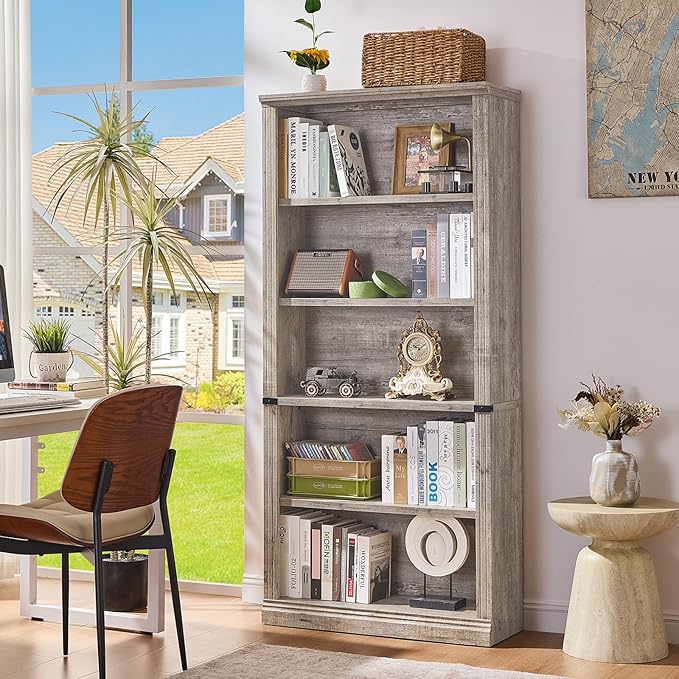 RWYHG 70" Grey Tall Bookshelf Set of 3,5-Tier Thick Wooden Book Shelf with Adjustable Shelves,Free Standing Farmhouse Bookcase with Open Display Storage,Floor Vintage Bookshelves for Living Room