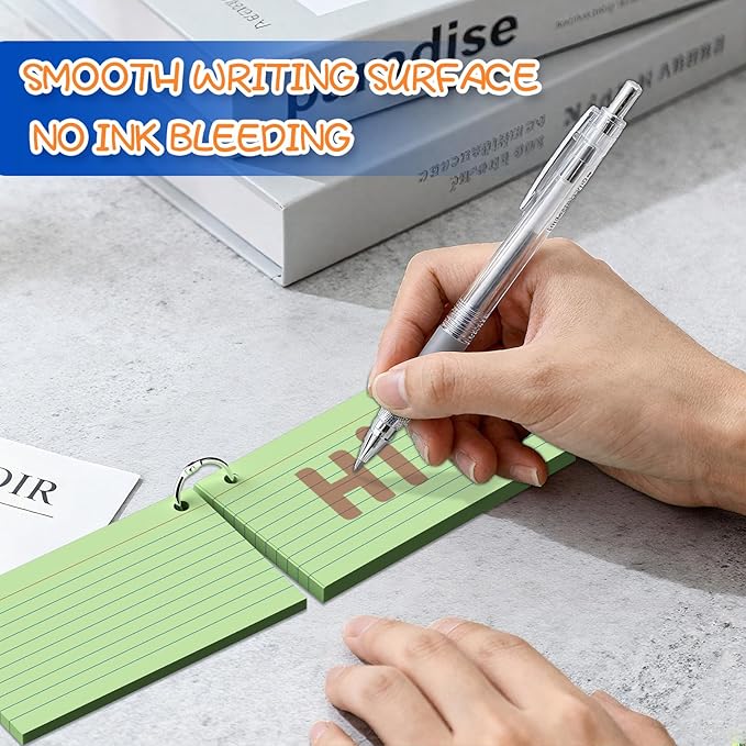 250 Count Colored Index Cards 3 x 5 Inch, Lined Flash Cards with Key Ring, Ruled Note Cards for Office Use, Portable Note Taking Study Flashcards for Home and School