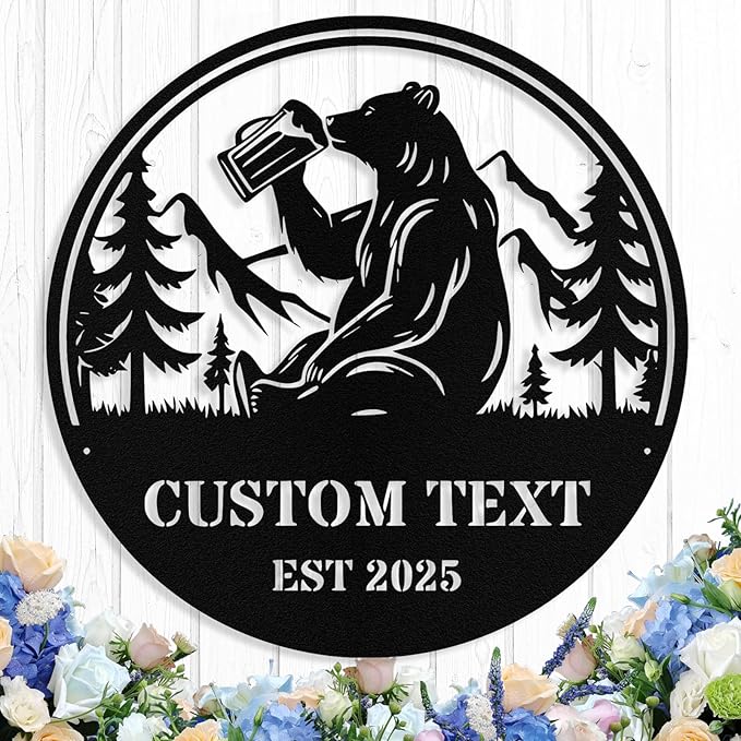 Custom Bear Metal Sign, Custom Bear Metal Wall Art Decor, Personalized Last Name Signs for Home, Rustic Farmhouse Black Wall Decor for Cabin, Bedroom, Living Room, Porch