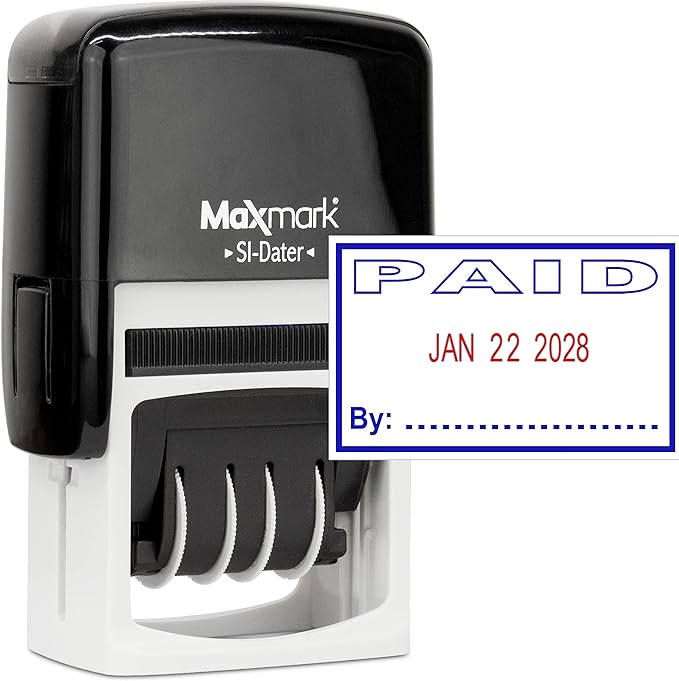 MaxMark Office Self Inking Date Stamp with Phrase Paid - 2 Color Blue/Red Ink