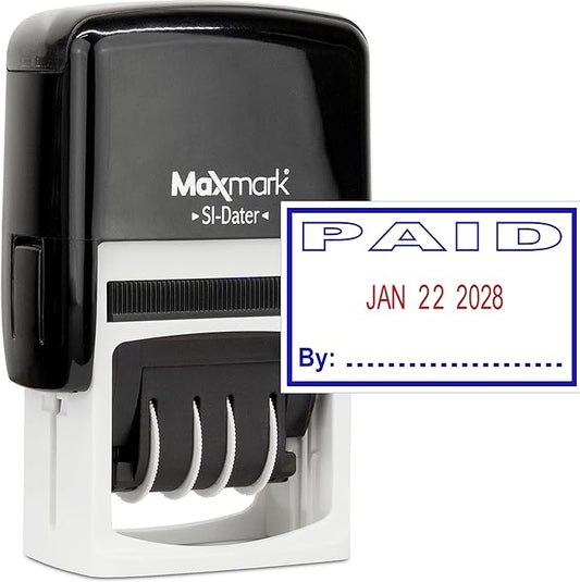 MaxMark Office Self Inking Date Stamp with Phrase Paid - 2 Color Blue/Red Ink