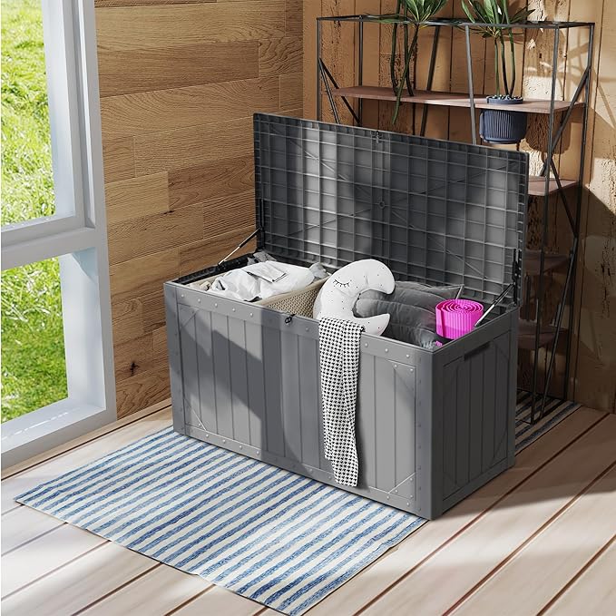 PATIOEASY 100 Gallon Waterproof Large Resin Deck Box，Storage Box for Patio Cushions(Grey)