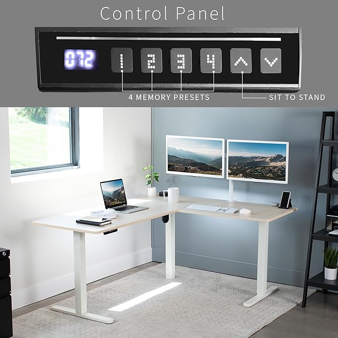 VIVO Electric Corner 63 x 55 inch L-Shaped Standing Desk, Memory Height Adjustment, Light Wood Top White Frame, DESK-E3CTC