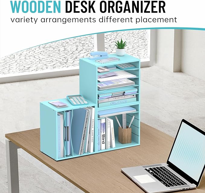 SHARKWOODS 5-Tier Wood Desk Organizer, Paper Tray Organizer for Desk with Adjustable Storage Shelves, Desktop File Organization Paper Sorter Mail Holder for Office Home Classroom, Blue