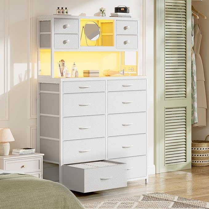 EnHomee 62.8" H Dresser for Bedroom with Multiple Fabric Drawers,White Dresser with Charging Station and LED Lights,Dressers & Chests of Drawers for Bedroom, Steel Frame & Wooden Top, Entryway