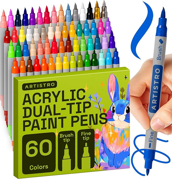 ARTISTRO 60 Acrylic Paint Markers - Paint Pens Dual Tip Brush + Fine Ideal for Calligraphy - Perfect for Fabric, Rock, Glass, Wood, DIY - Art Supplies, Stocking Stuffers, Christmas Gift Idea