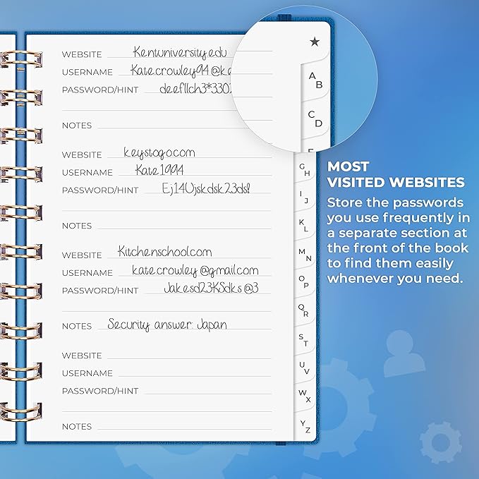 Clever Fox Password Book Spiral – Mini Internet Address & Password Organizer with Laminated Alphabetical Tabs – Small Password Keeper Journal – Hardcover, Pocket Size, 4.7x5.7” (Mystic Blue)