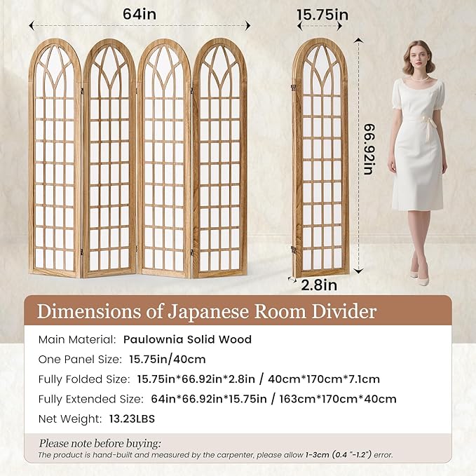 Asnefeli 4 Panel Japanese Room Divider, Shoji Style Partition Divider, Fully Assembled Wooden Privacy Screen for Home Office Bedroom Apartment Decoration, Natual