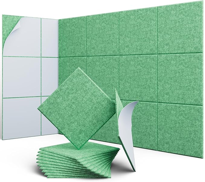 UNECHO 12 Pack 12" X 12" X 0.4" Acoustic Panels for Wall Sound Absorbing, Square Self-Adhesive Sound Panel, High Density Suitable for Multiple Scenarios(Forest Green)