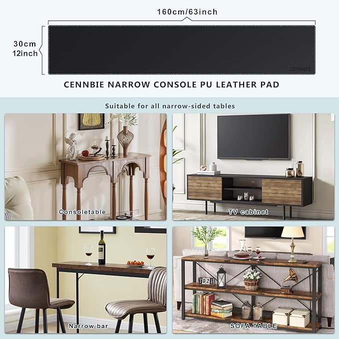 CENNBIE Console Table Leather Cover - 63 x 11.8 Inches Sofa Table Narrow Long Mat - TV/Media/Gaming/Center Console Table Protector Pad for Narrow Side Table, Sideboard, Entryway Table (Black)