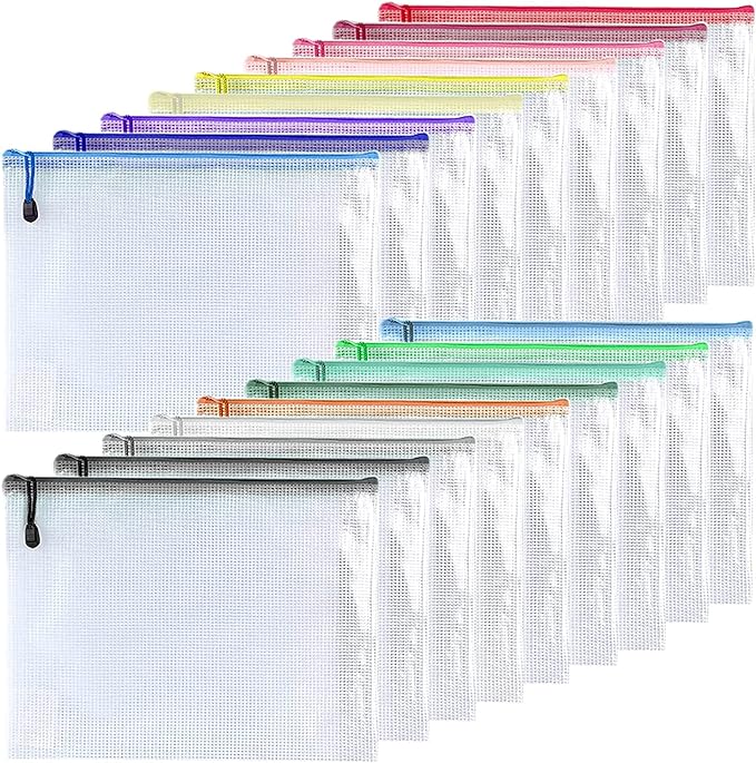 Oaimyy-18 Pcs-Mesh Zipper Pouches File Bags Puzzle Storage Bags Folders Large Bag Zip Pouch for Office Supplies,Organizing Storage,Board Game Organization-(Multicolor, 5"x 7")