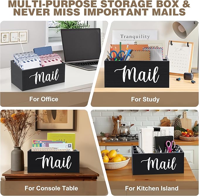 Mail Holder Countertop with 3-Slot, Mail Organizer for Desk with Removable Divider, Desktop Mail Basket Sorter Organizer, File Paper Letter Envelope Bill Holder for Office Home Entryway (Black)