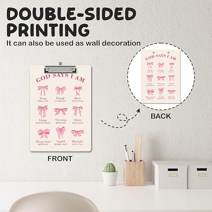 APIILVPQ Bible Clipboard, Pink Bow Clipboards with Low Profile Clip for Office School Use, Christian Prayer Wooden Clip Boards for Nurses Teachers Students - C04