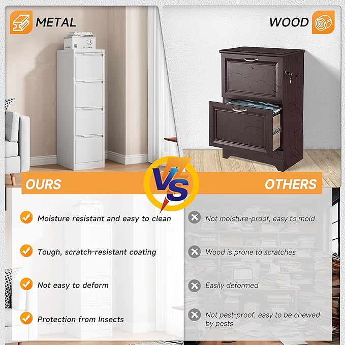 Bestoo 4-Drawer File Cabinet with Lock, Metal Filing Cabinet for Home Office, Vertical Filing Storage Cabinets, Fits File Folders, Letter/Legal/F4/A4 Size, Assembly Required (White)