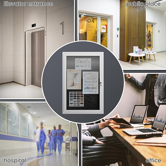 36"x24" Lockable Enclosed Bulletin Board, Outdoor Flet Weather-Resistant Aluminum Frame Notice Board, Wall Mounted Display Case Acrylic Doors for School,Office,Silver Frame w/Black Flet