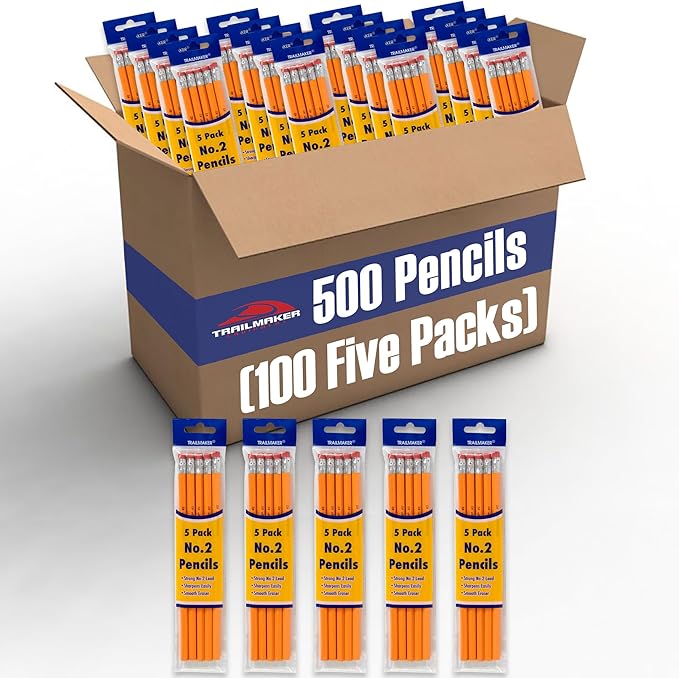 Trail maker Wood Cased #2 HB Pencils - 500 Unsharpened Yellow Pencils in Bulk for School, Office (100 5-Packs)