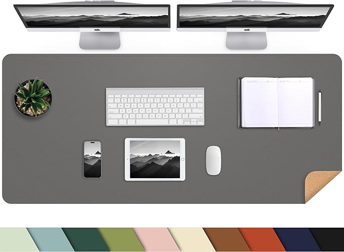 Leather Desk pad Protector, Large Desk mat with Natural Cork & PU Leather,Mouse pad,Non-Slip Office Desk Mat,Waterproof Desk Writing Pad for Office and Home (47in*17in,Dark Grey)