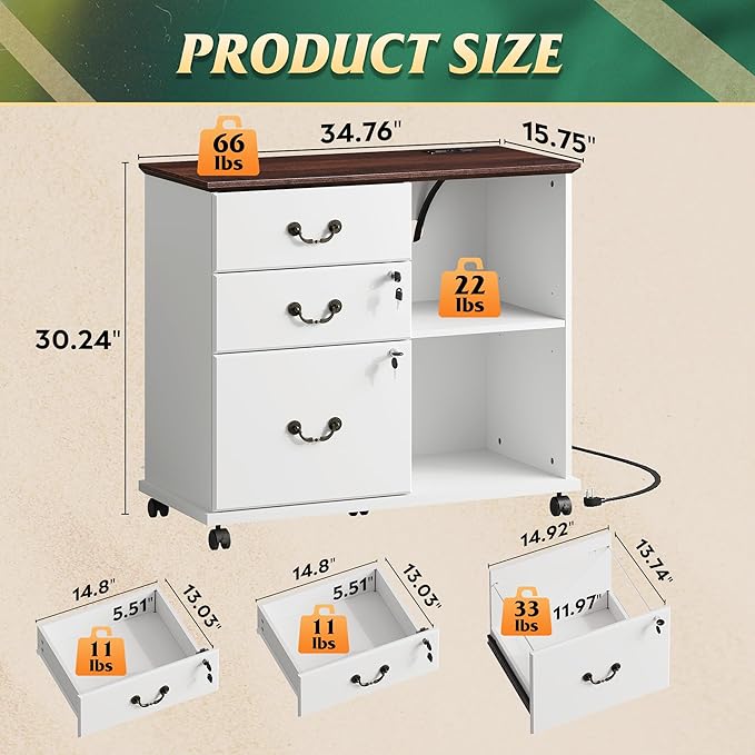 DEVAISE 3 Drawer File Cabinet,Wood Lateral Filing Cabinet with Lock & Charging Station,Rolling Printer Stand with Storage for Home Office,White