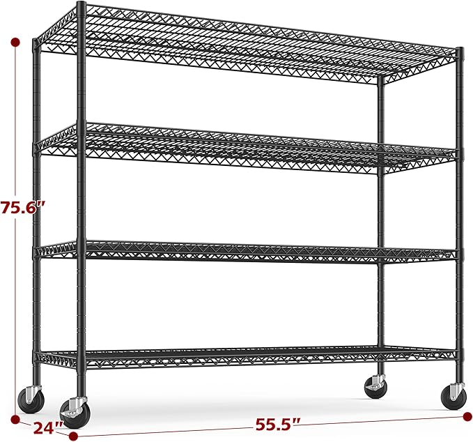 REIBII Set of 2 Storage Shelves Metal Shelving with Wheels,Adjustable Wire Shelving Rack 75.6" H Heavy Duty Garage Shelving Unit for Kitchen Pantry,Commercial Industrial Shelving for Garage 2PCS