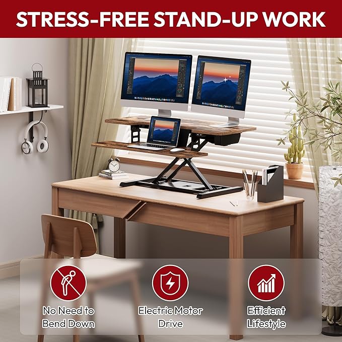 SANODESK Standing Desk Converter with Electric Motor 40" Height Adjustable Riser for Office Home,Dual Monitor and Laptop Workstation with Large Keyboard Tray, Rustic Color