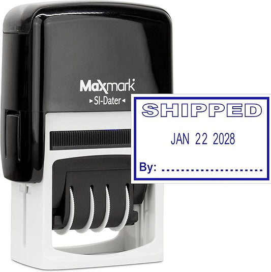 MaxMark Office Self Inking Date Stamp with Phrase Shipped - Blue Ink